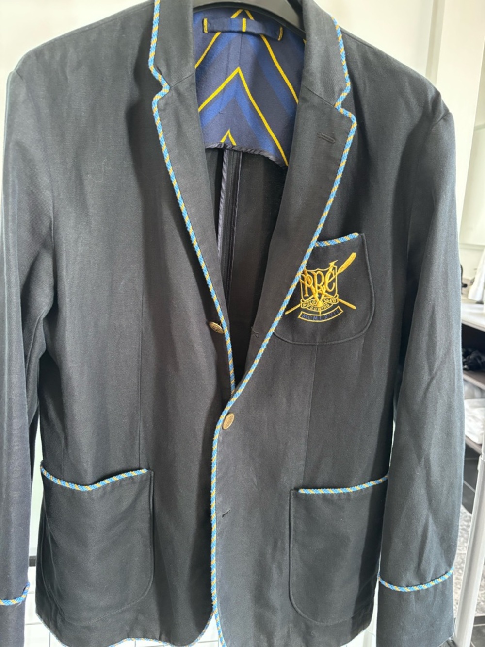 Ralph Lauren Navy Blazer with Blue & Yellow Trim - Crest Patch Sport Coat
